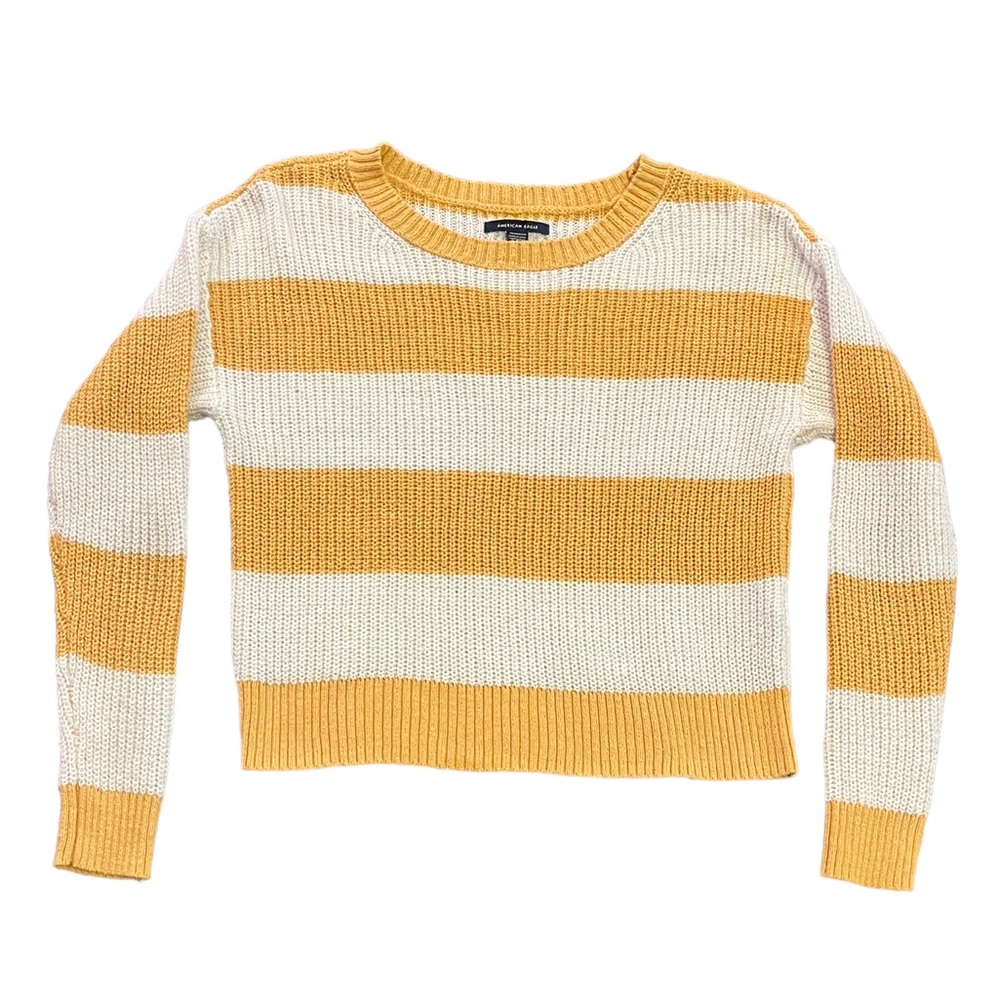 American Eagle Striped Long Sleeve Sweater | Yellow & White | Women's XS
